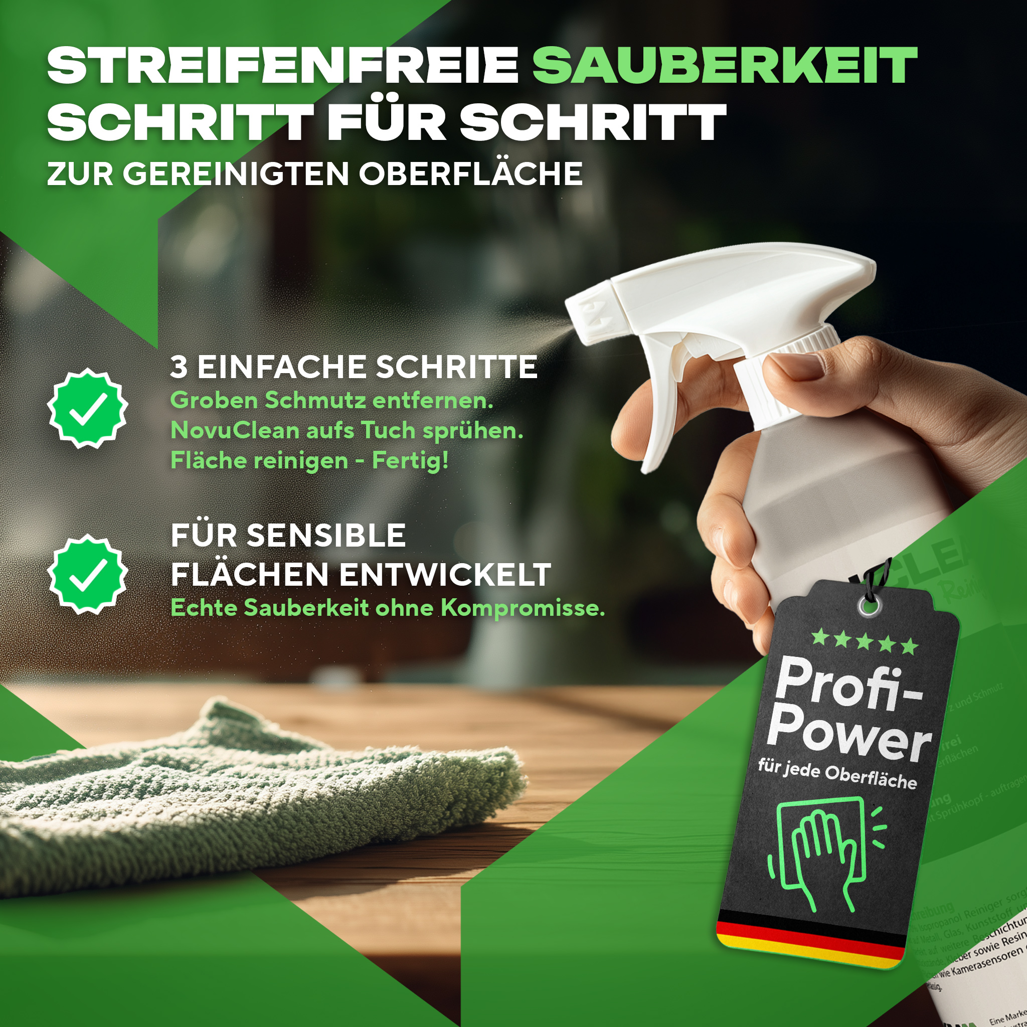 listing-images-novuclean-5.jpg Reinigungsspray, Sprühflasche, Glasfaser, Tuch, Oberfläche, Sprayflasche, Reinigung, Mikrofaser, Oberflächen, Grün-schwarz, Reinigungsprodukt, Sprühflasche, Oberflächenreiniger, Glänzende Pflege, Microfaser-Tuch