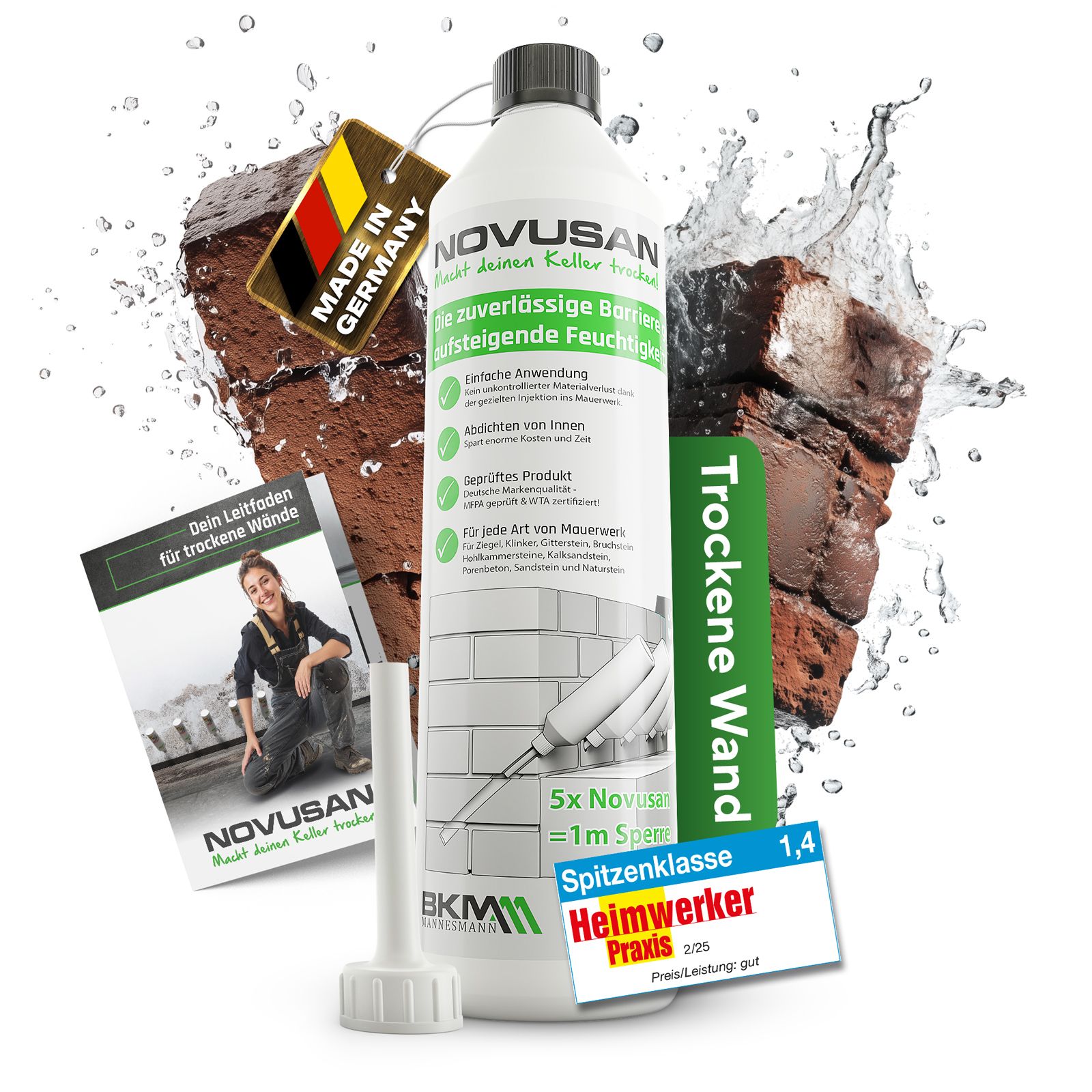 Novusan Mauerwerkinjektion, Werbung, Plakat, Person, Flasche