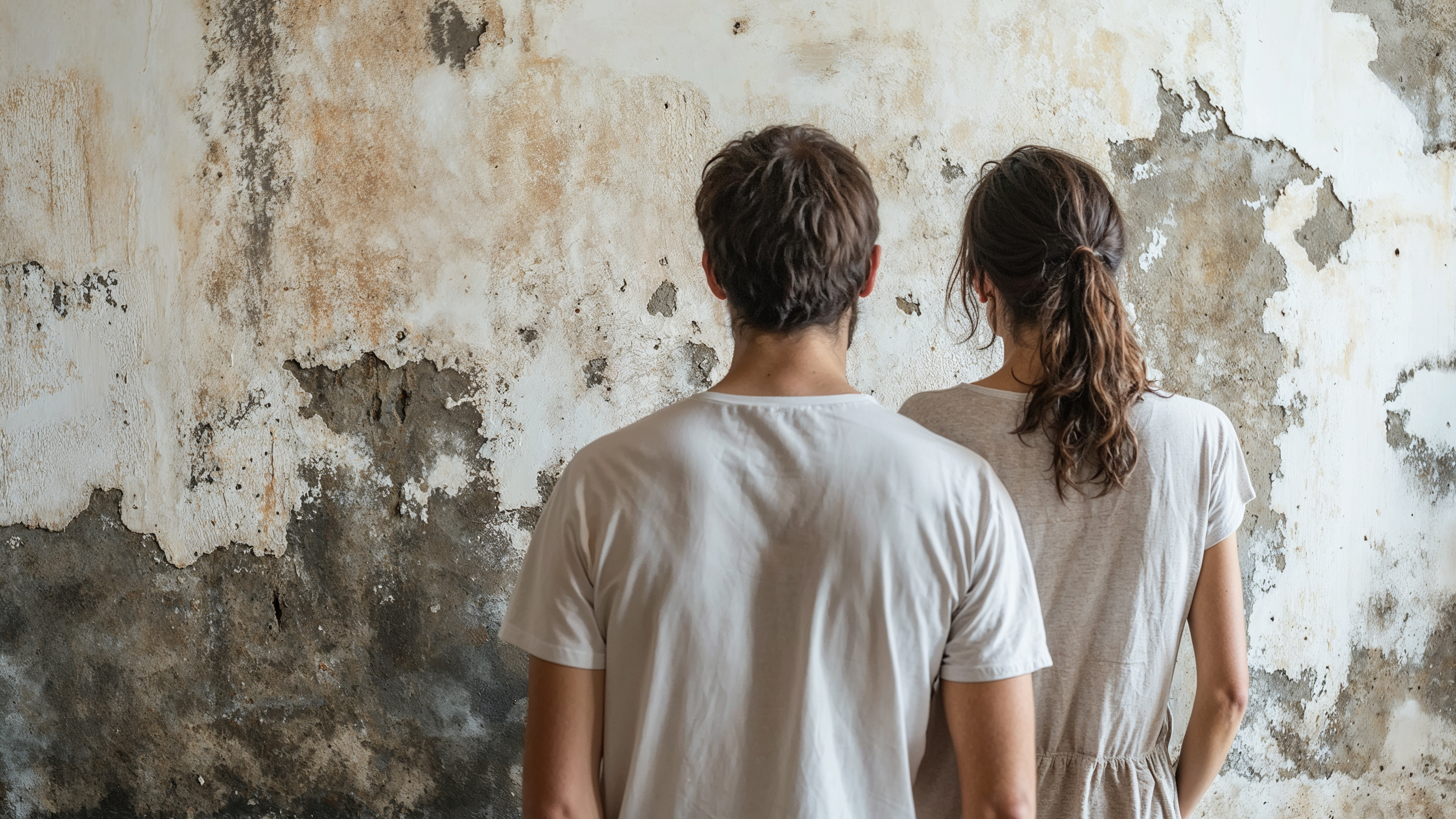 Zwei Person begutachten eine schimmelige Wand. Schaden am Haus, Schimmel, Schimmelschaden