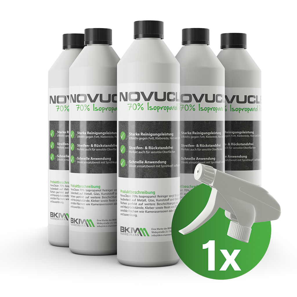 product_NovuClean_5-Flaschen-Spray_Schatten_DE.png Isopropanol, Reinigungsmittel, Sprühflasche, Etikettentext, Desinfektionsmittel